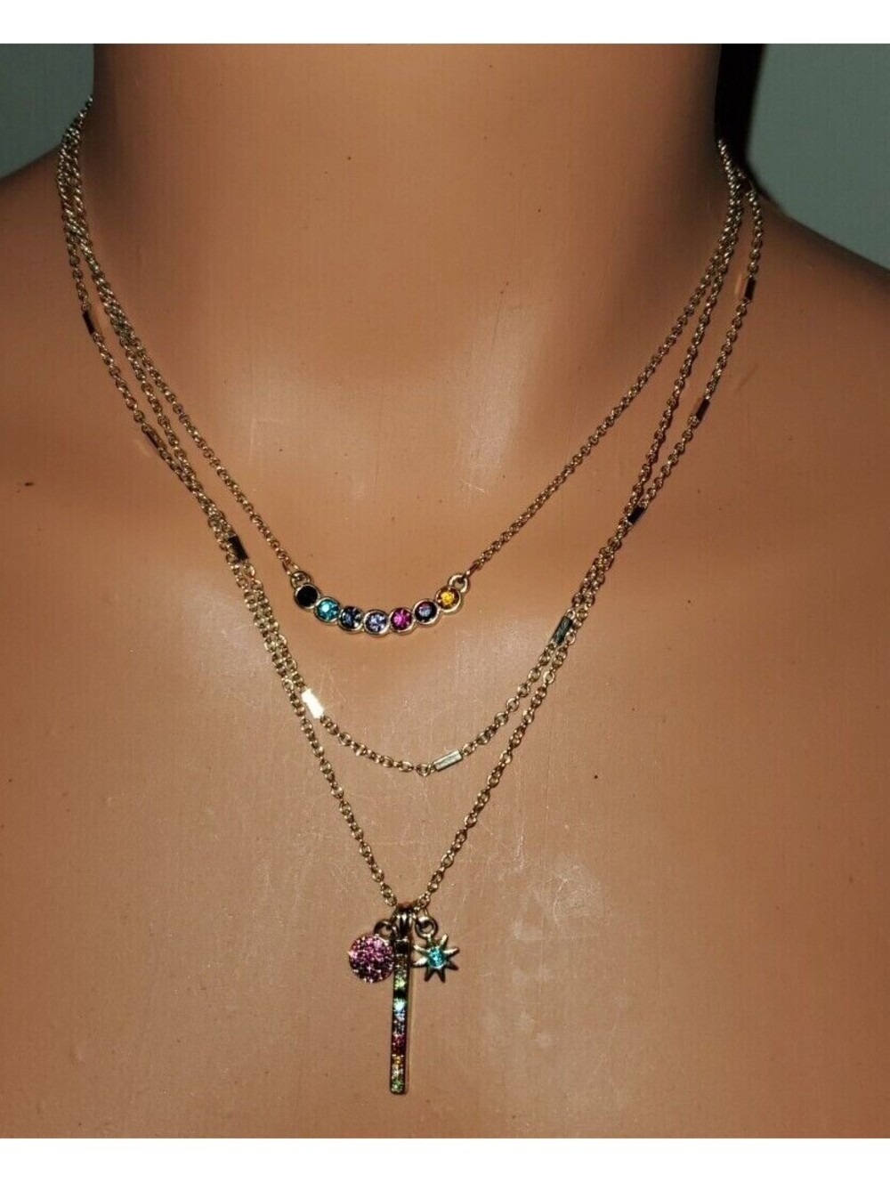 REBECCA MINKOFF GOLD MULTI LAYER 3 SEPARATE NECKLACES RAINBOW STONES CHARMS
